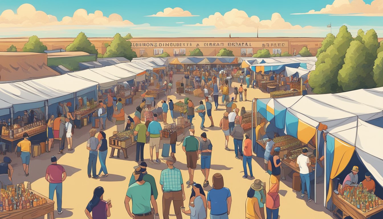 A bustling craft beer festival with rows of colorful booths and lively patrons sampling various brews under a sunny New Mexico sky