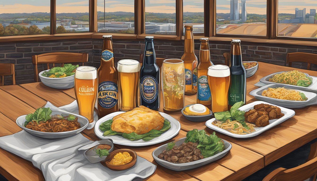 A table set with local craft beer bottles and Akron, OH cuisine