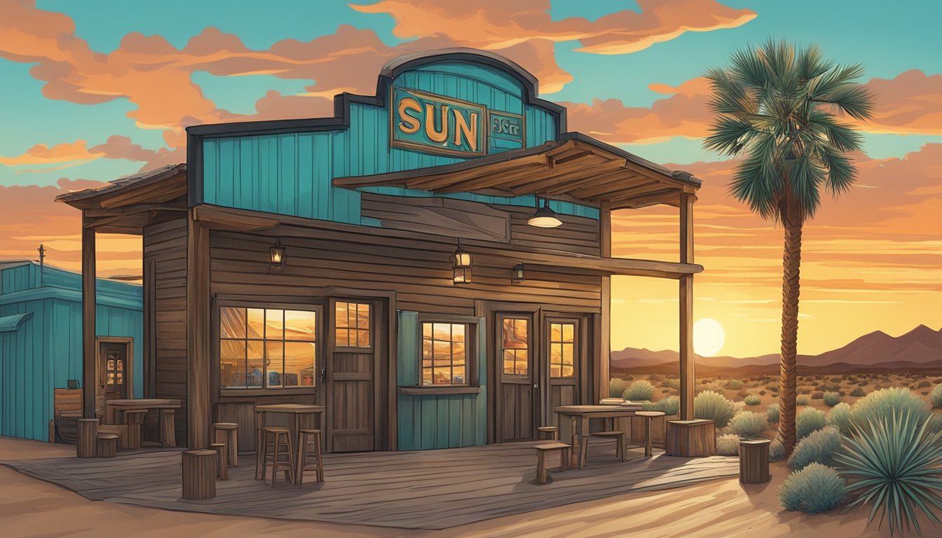 The sun sets over a rustic taproom nestled in the turquoise desert, where local musicians and artists showcase their talent