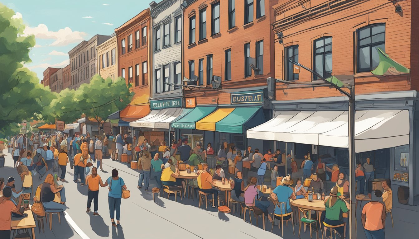 A bustling street festival in Newark, NJ showcases local craft beer vendors and seasonal release events. Patrons sample beers while live music fills the air