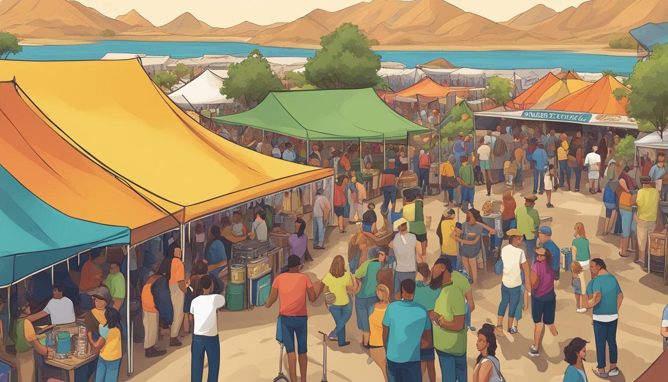 A bustling craft beer festival in Rio Rancho, with colorful tents, lively music, and people enjoying tastings and socializing