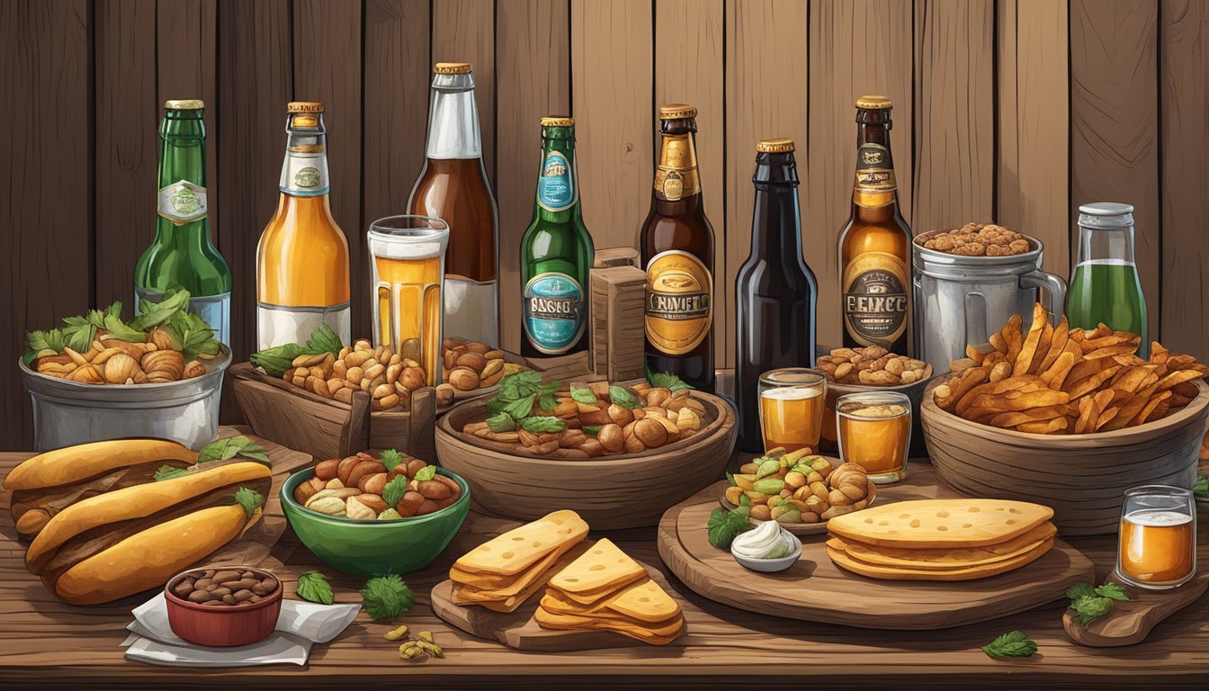 A rustic wooden table with a variety of gourmet food items and craft beer bottles arranged in an artful display