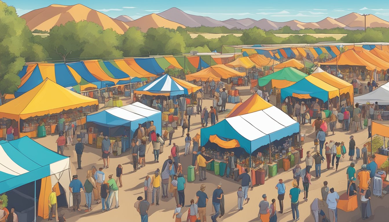 A bustling craft beer festival in Rio Rancho, NM, with vendors and enthusiasts mingling under colorful tents and banners