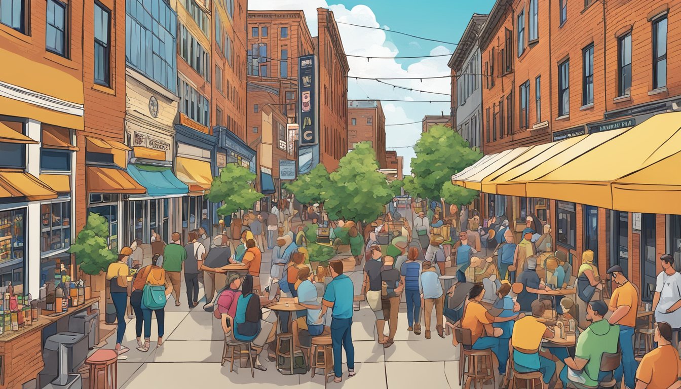 A bustling street lined with colorful craft beer venues in Akron, Ohio, with people enjoying drinks and lively conversation