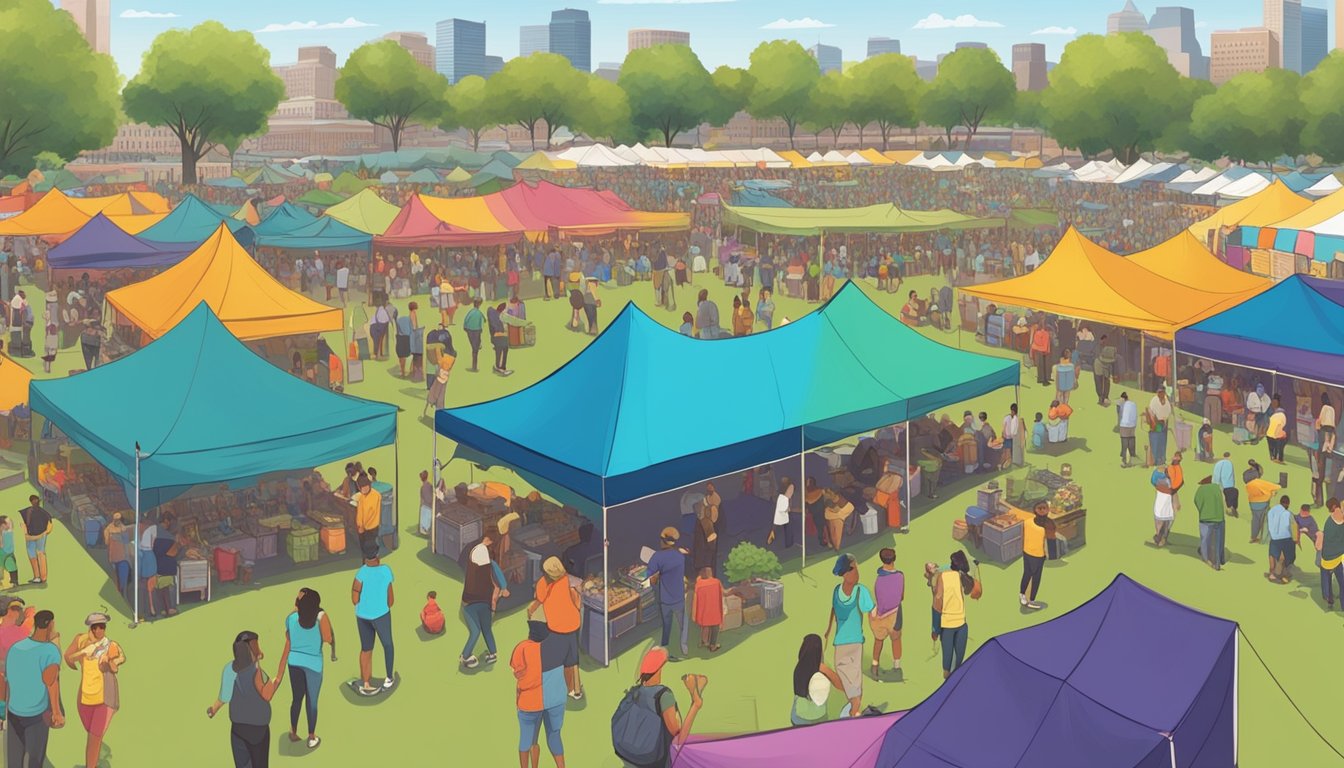 A bustling local craft beer festival in Newark, NJ, with rows of colorful tents and a diverse crowd sampling and enjoying different brews