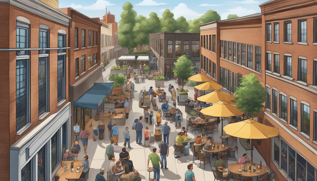 A bustling Columbus brewery district with a variety of craft beer establishments, patrons enjoying tastings and outdoor seating