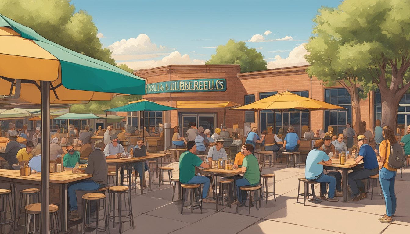 A bustling brewery scene with patrons enjoying craft beer, outdoor seating, and a vibrant atmosphere in Albuquerque, NM