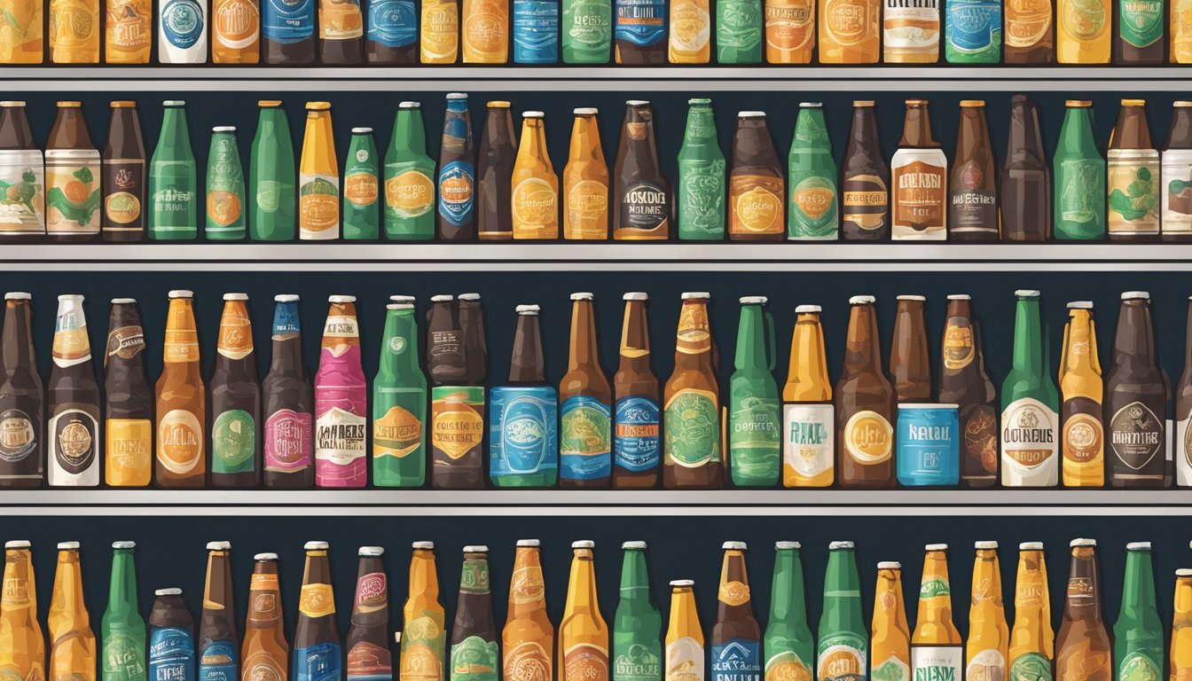 A row of colorful craft beer bottles and cans displayed on a shelf in a local Columbus, OH brewery