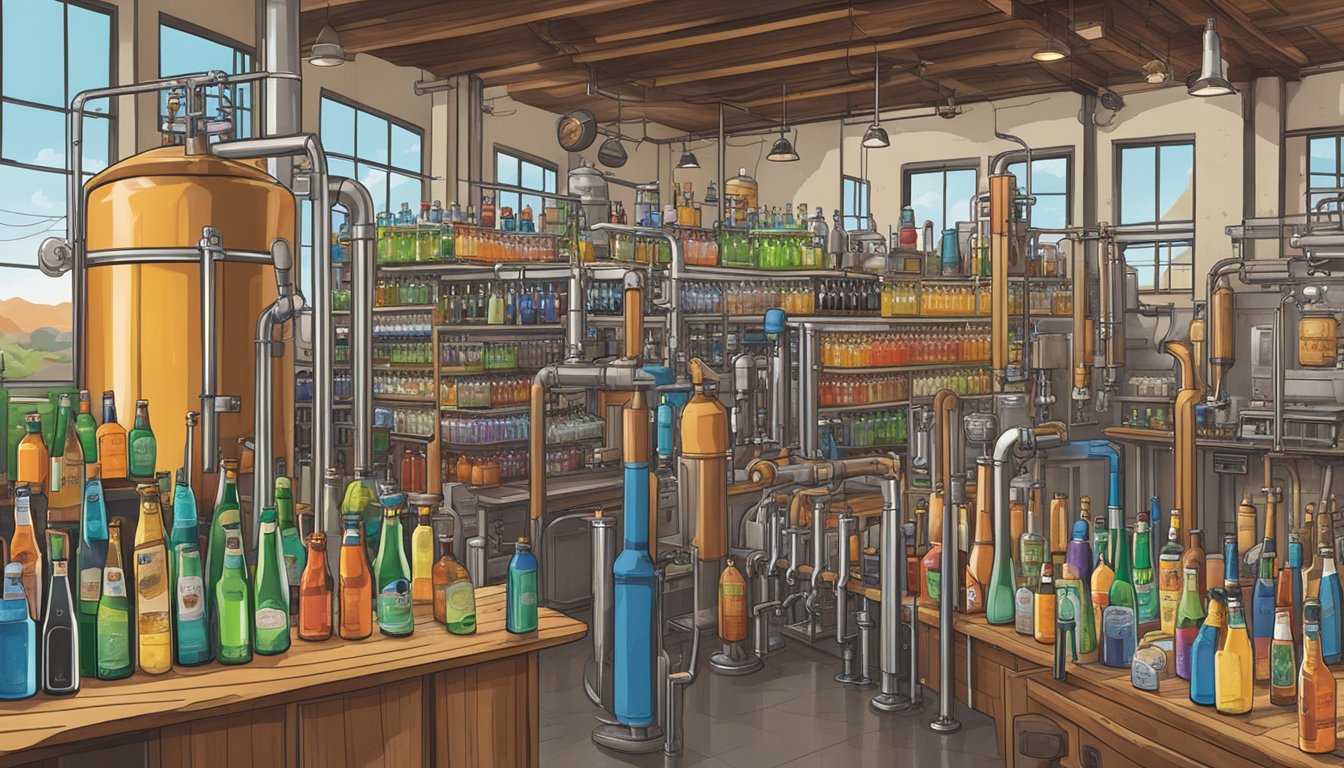 A bustling brewery with shelves lined with colorful bottles and taps pouring a variety of craft beers from local Albuquerque, NM breweries