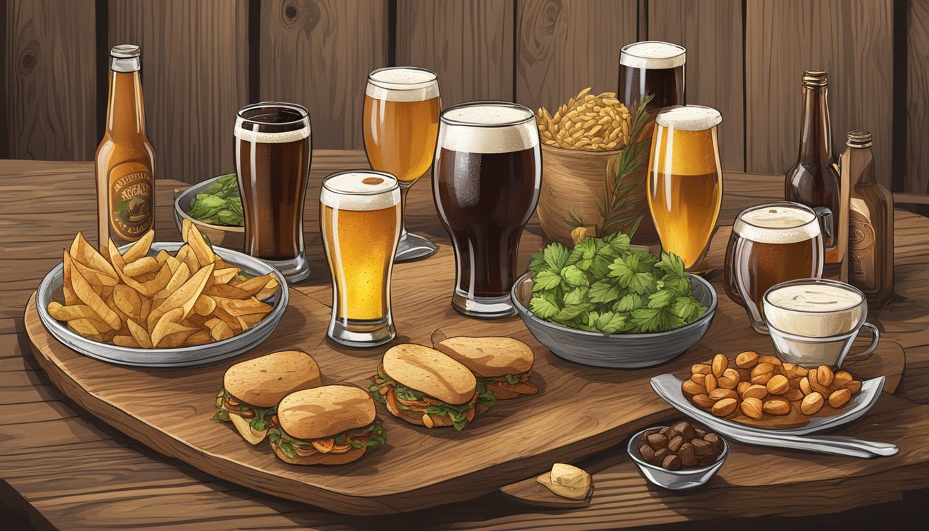 A table with a variety of local craft beers and matching food pairings displayed on rustic wooden boards