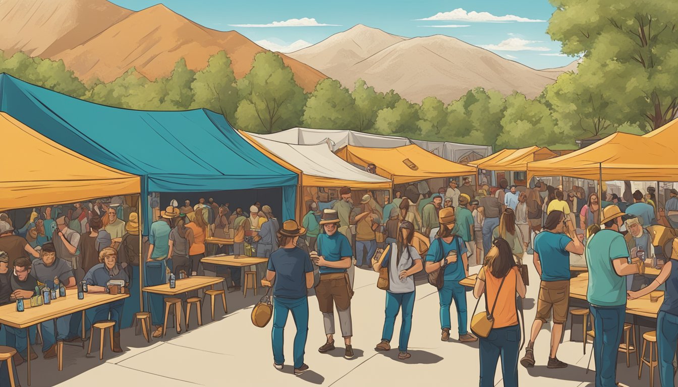 A bustling craft beer festival in Reno, NV, with a variety of local breweries showcasing their unique brews. Tables and tents line the outdoor space, with patrons mingling and enjoying the vibrant beer culture