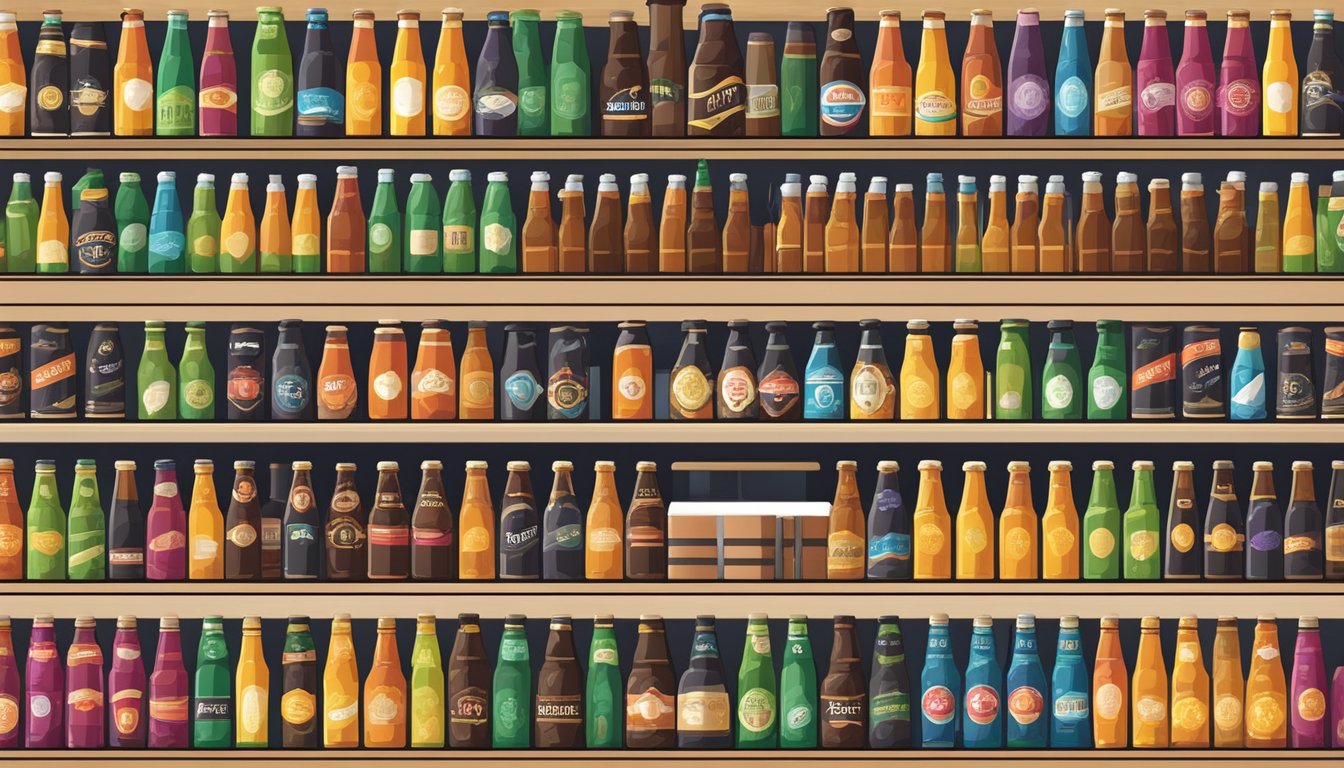 A row of colorful craft beer bottles line the shelves of a local brewery, with various brands and flavors on display