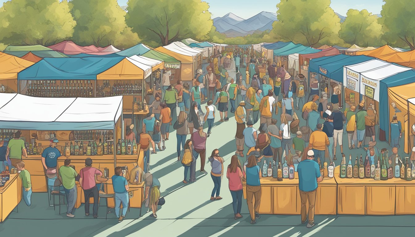 A bustling craft beer festival in Albuquerque, NM. Rows of colorful booths with beer taps and informational displays. People sampling and learning about local brews