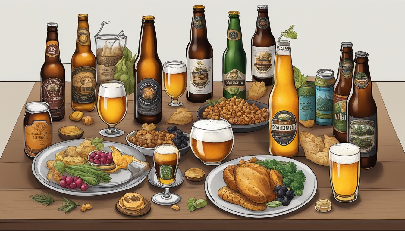 A table set with a variety of gourmet foods and craft beer bottles from local Reno, NV breweries