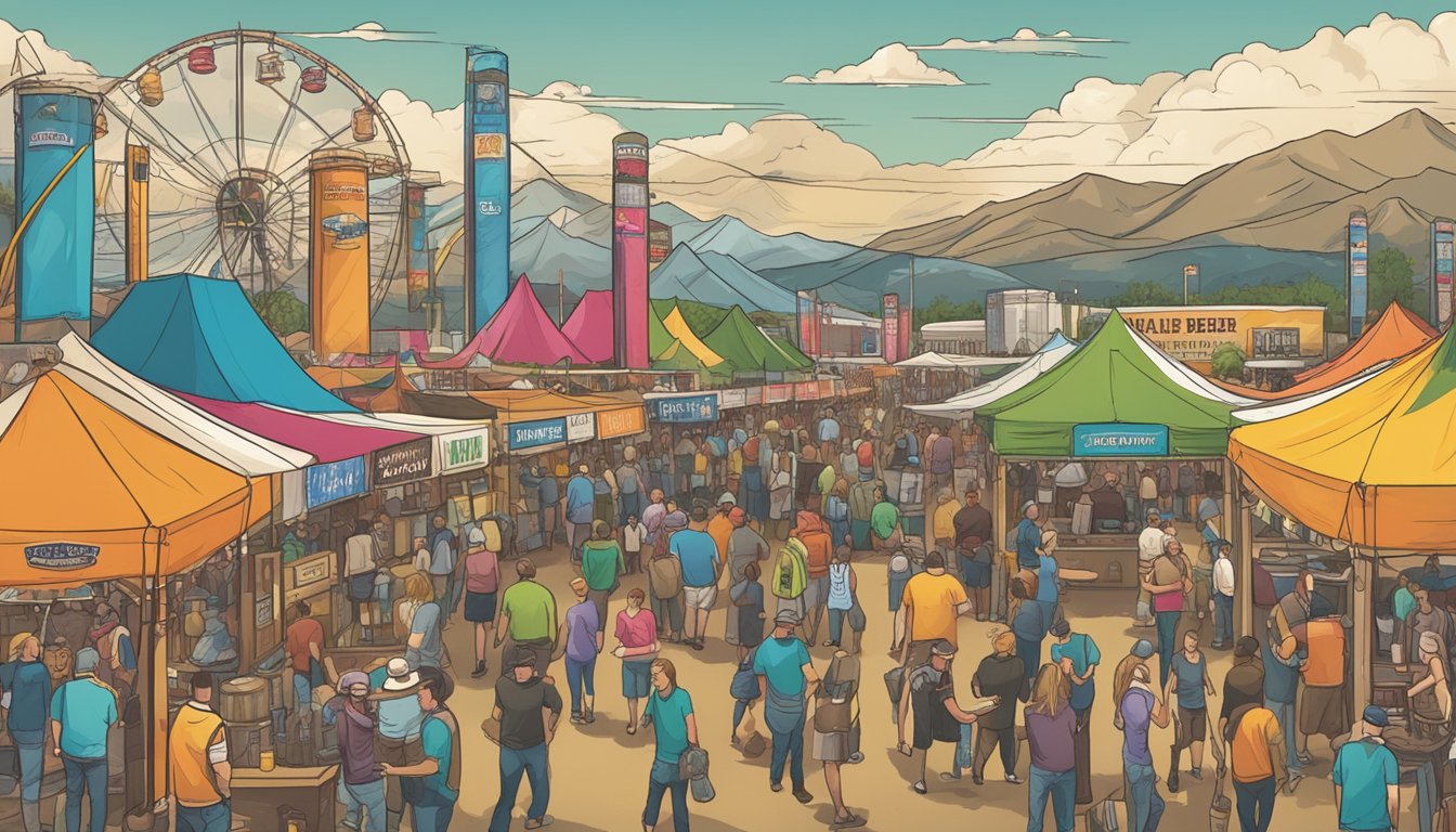 A bustling craft beer festival in Reno, NV, with a variety of local breweries showcasing their unique and colorful beer offerings