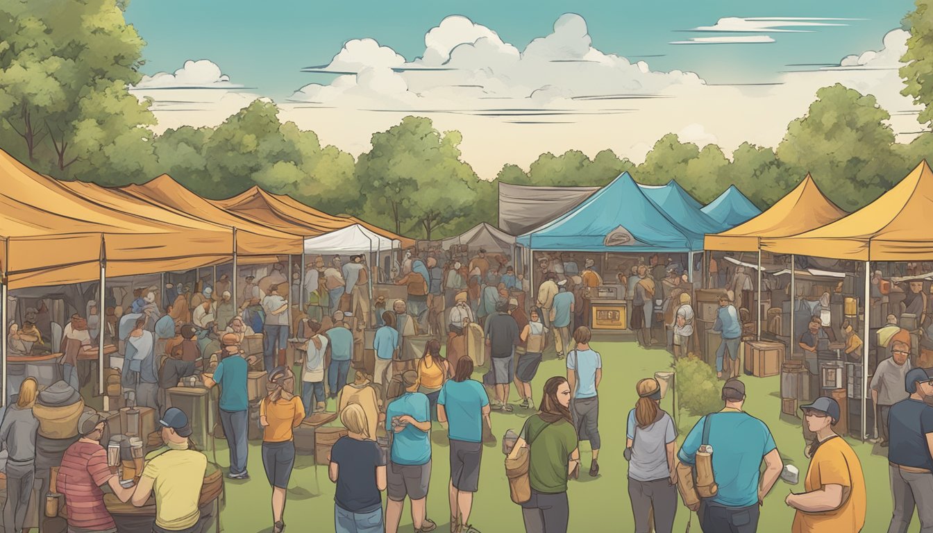 A bustling craft beer festival in Broken Arrow, Oklahoma, with a variety of local breweries showcasing their unique and flavorful brews