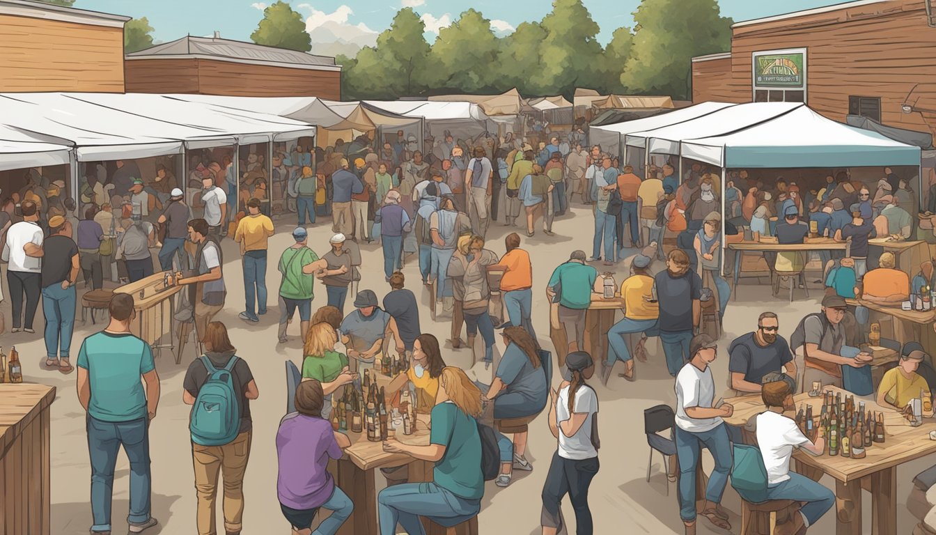 A bustling craft beer festival in Broken Arrow, with various beer styles on display and people enjoying the local brews