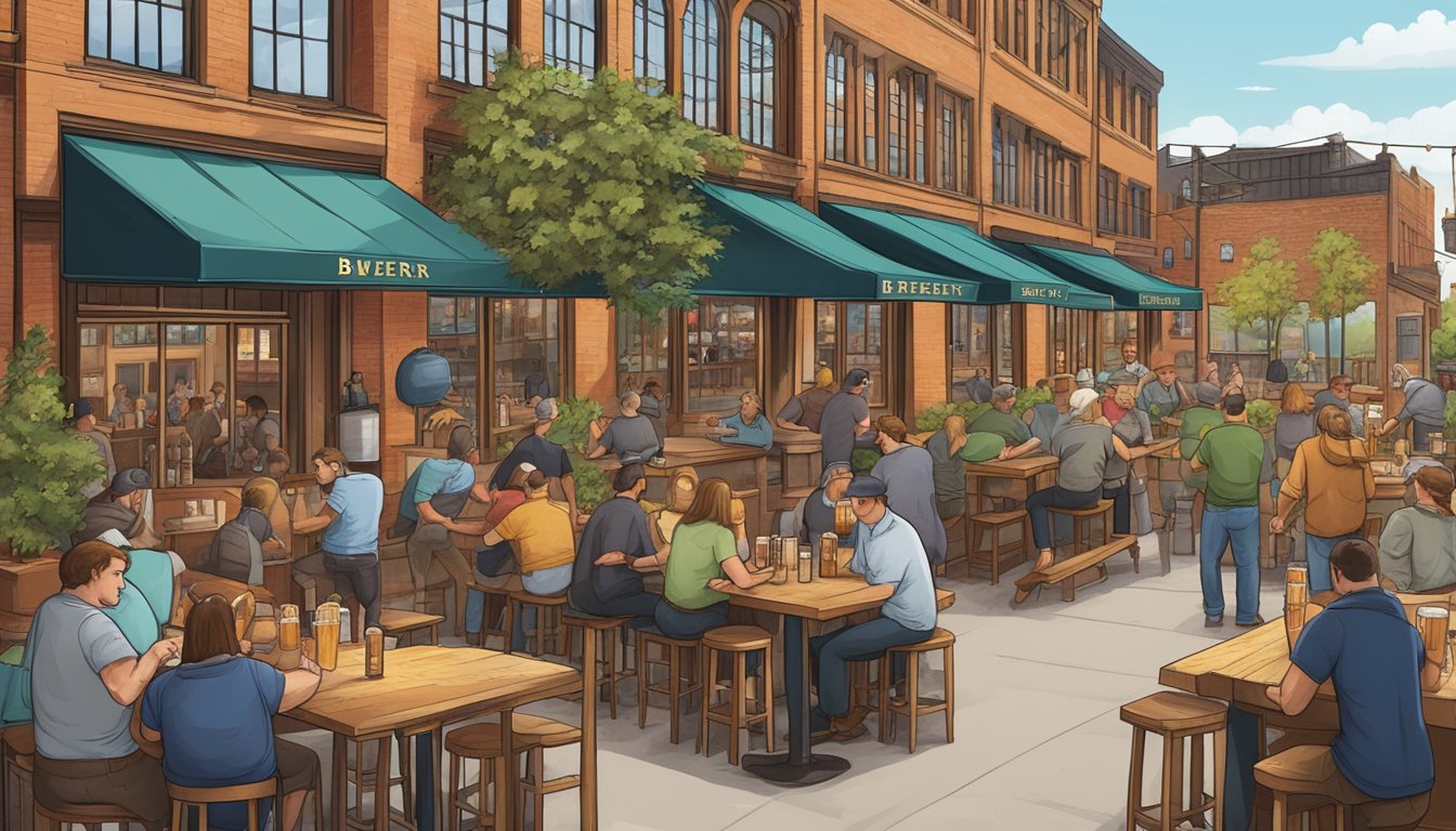 A bustling brewery scene with diverse beer styles, rustic taproom, and a lively outdoor beer garden in the heart of Buffalo, NY