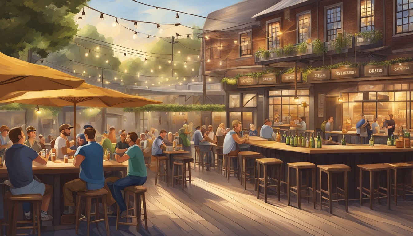 A bustling brewery scene with outdoor seating, beer taps, and a lively atmosphere