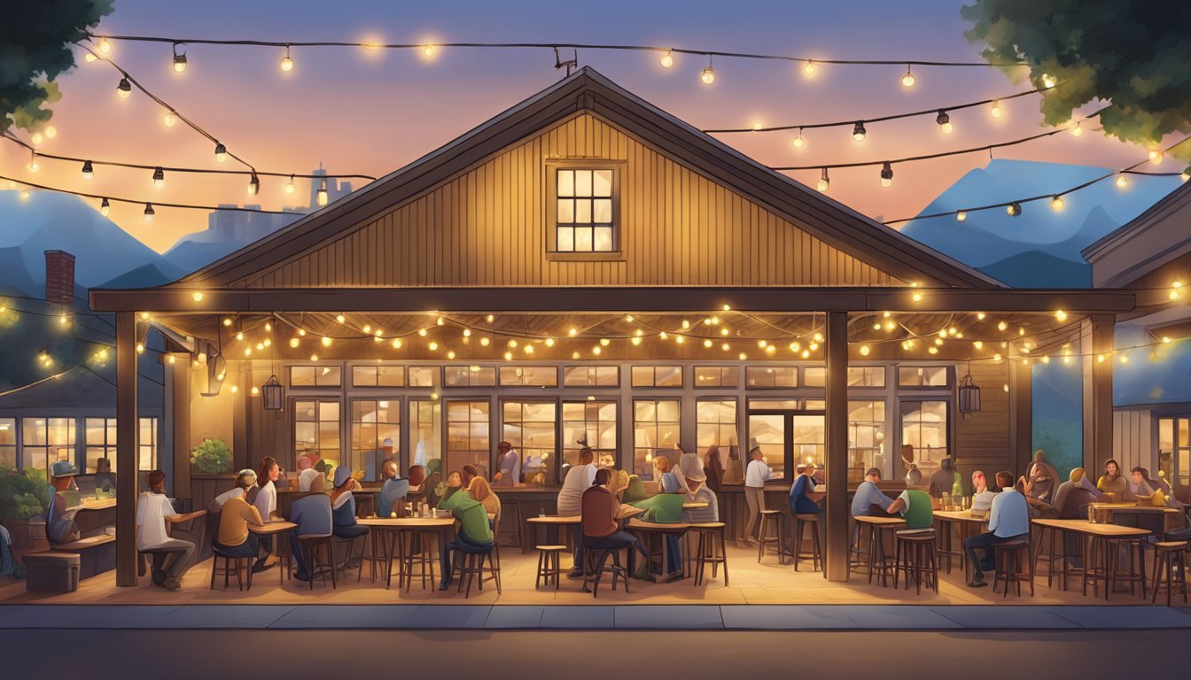 A bustling brewery with rustic decor, patrons enjoying craft beer flights, and a lively outdoor patio with string lights and communal tables