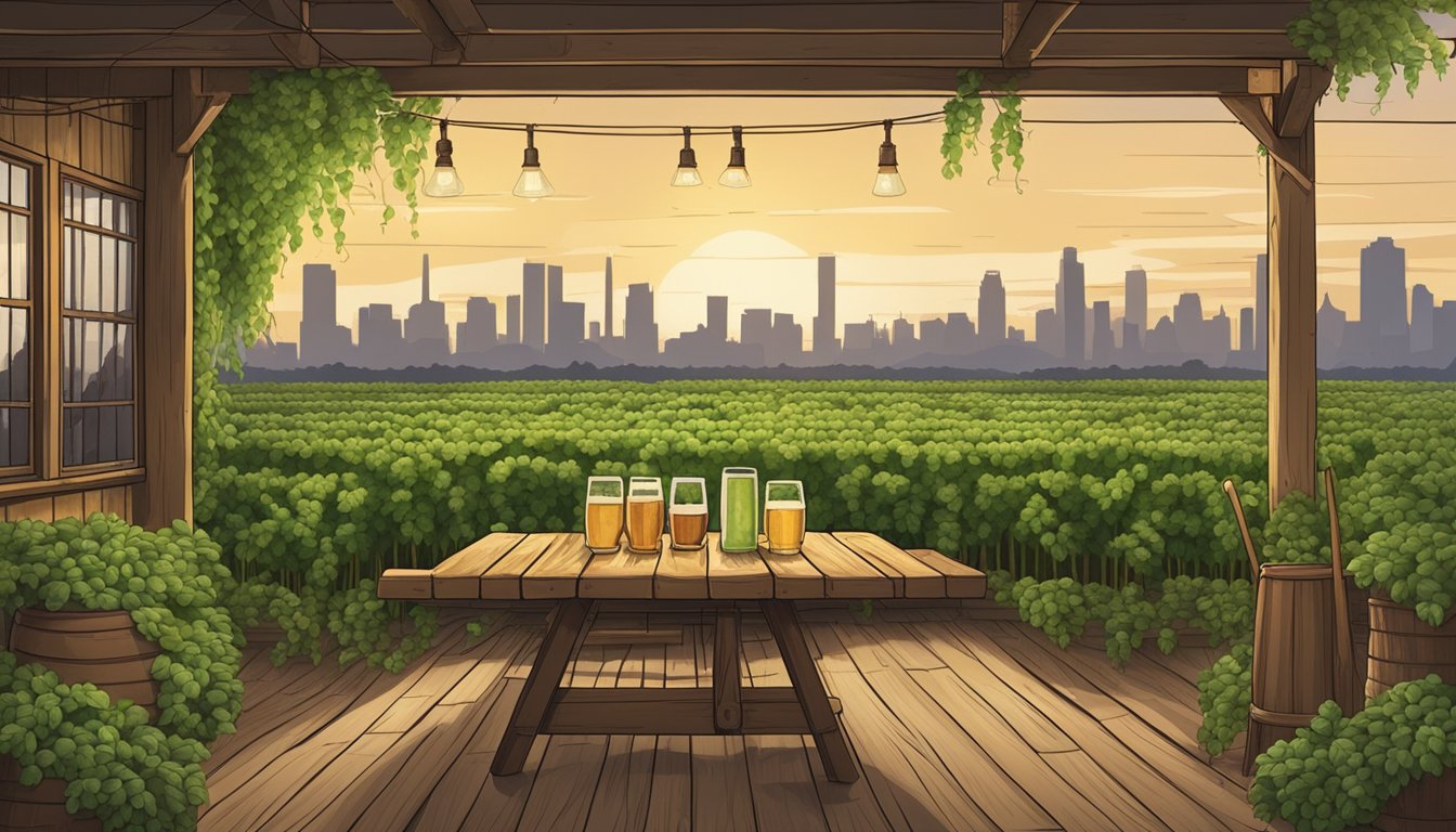 A cozy backyard setting with a rustic wooden brewing setup, surrounded by hops and barley plants, with the Broken Arrow skyline in the background