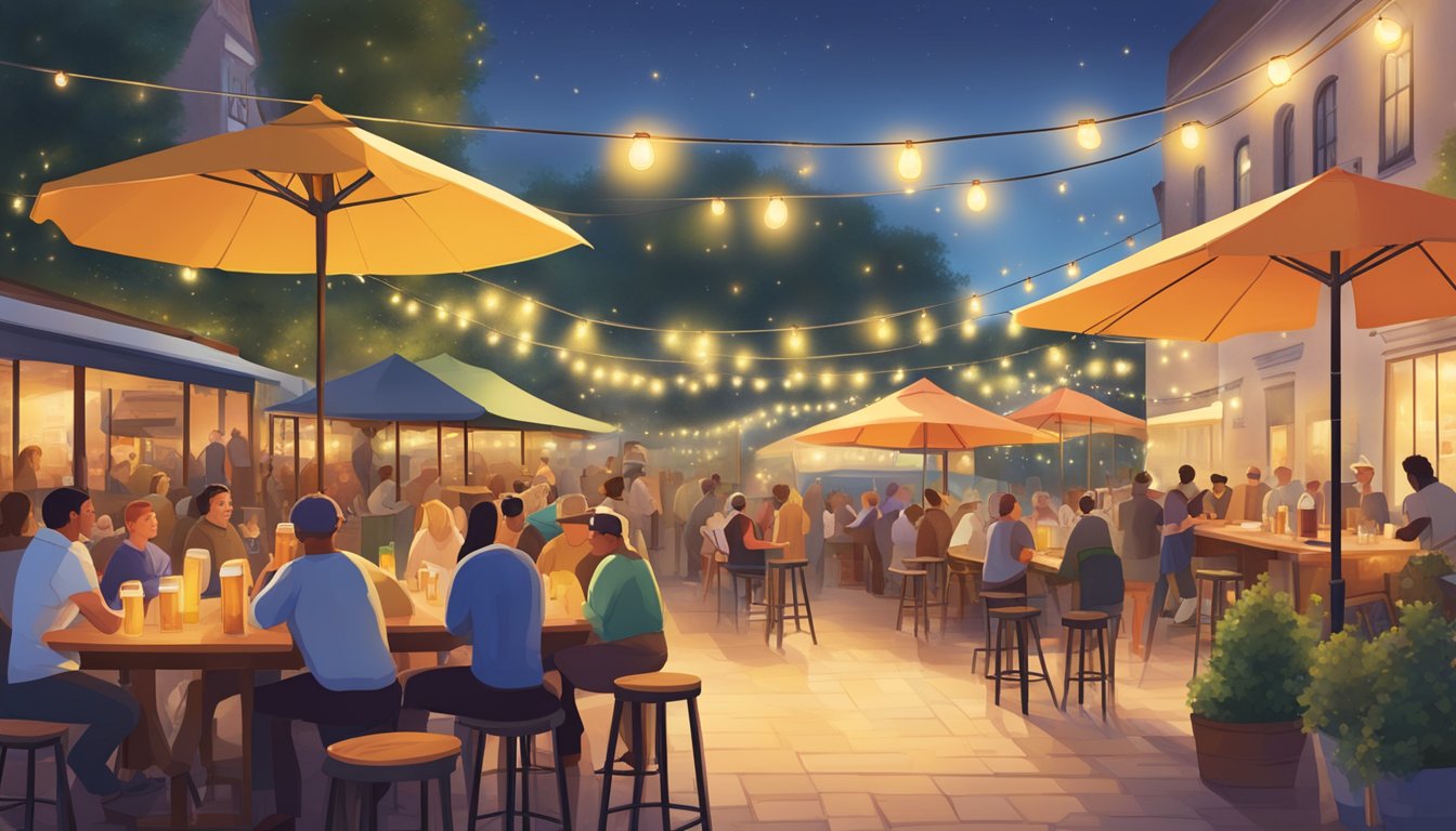 A bustling beer garden with diverse patrons enjoying local craft brews under string lights and colorful umbrellas