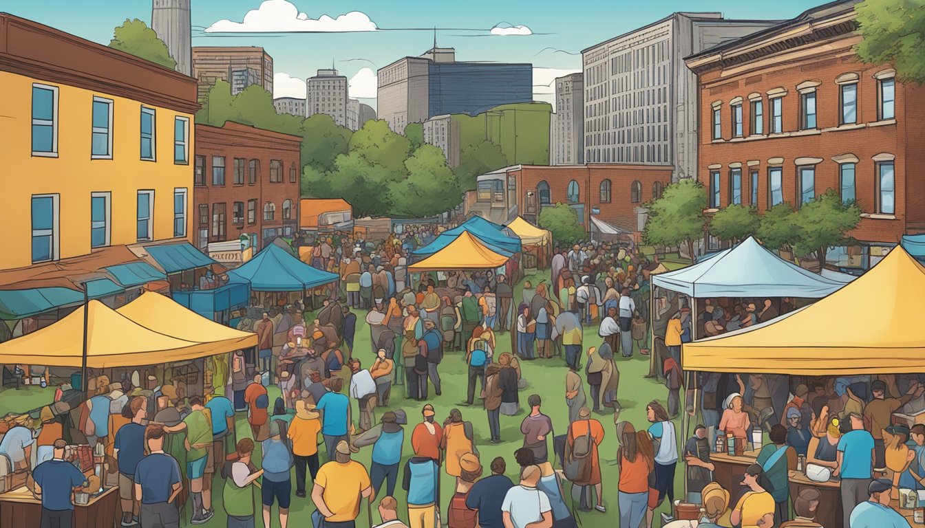 A bustling local craft beer festival with vendors, live music, and a diverse crowd enjoying the community spirit of Buffalo, NY