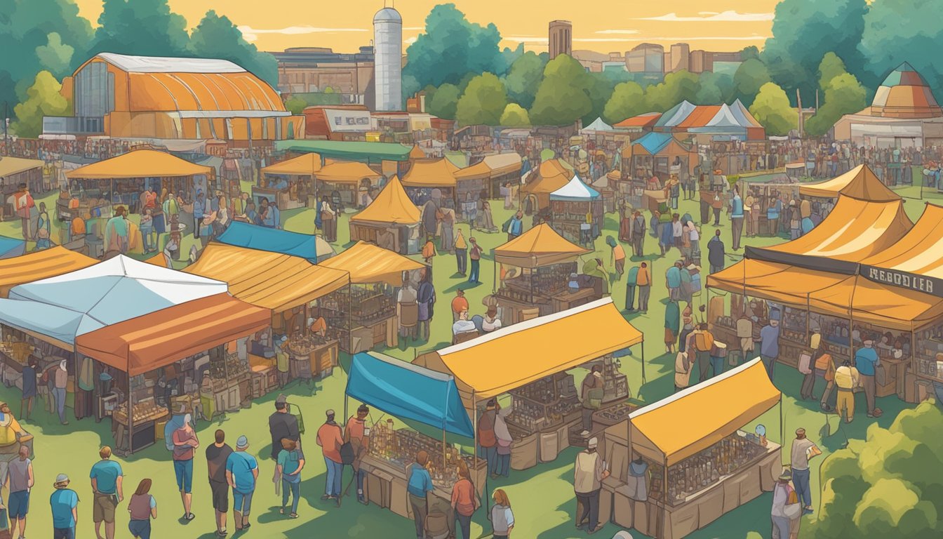 A bustling craft beer festival in Broken Arrow, Oklahoma, with colorful banners and a variety of local breweries showcasing their unique brews