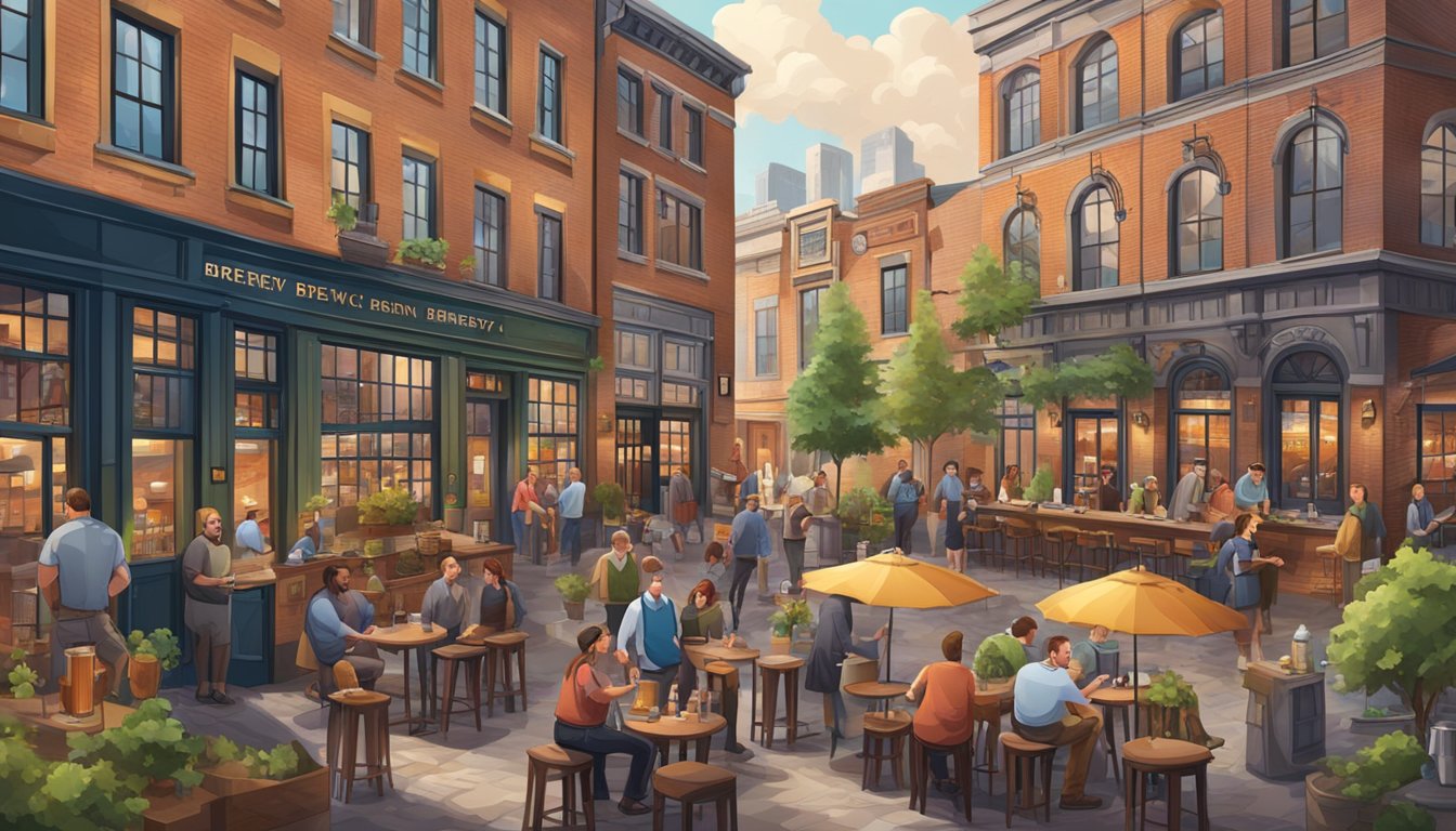 A bustling brewery district with colorful taprooms and outdoor seating, surrounded by historic buildings and a lively atmosphere