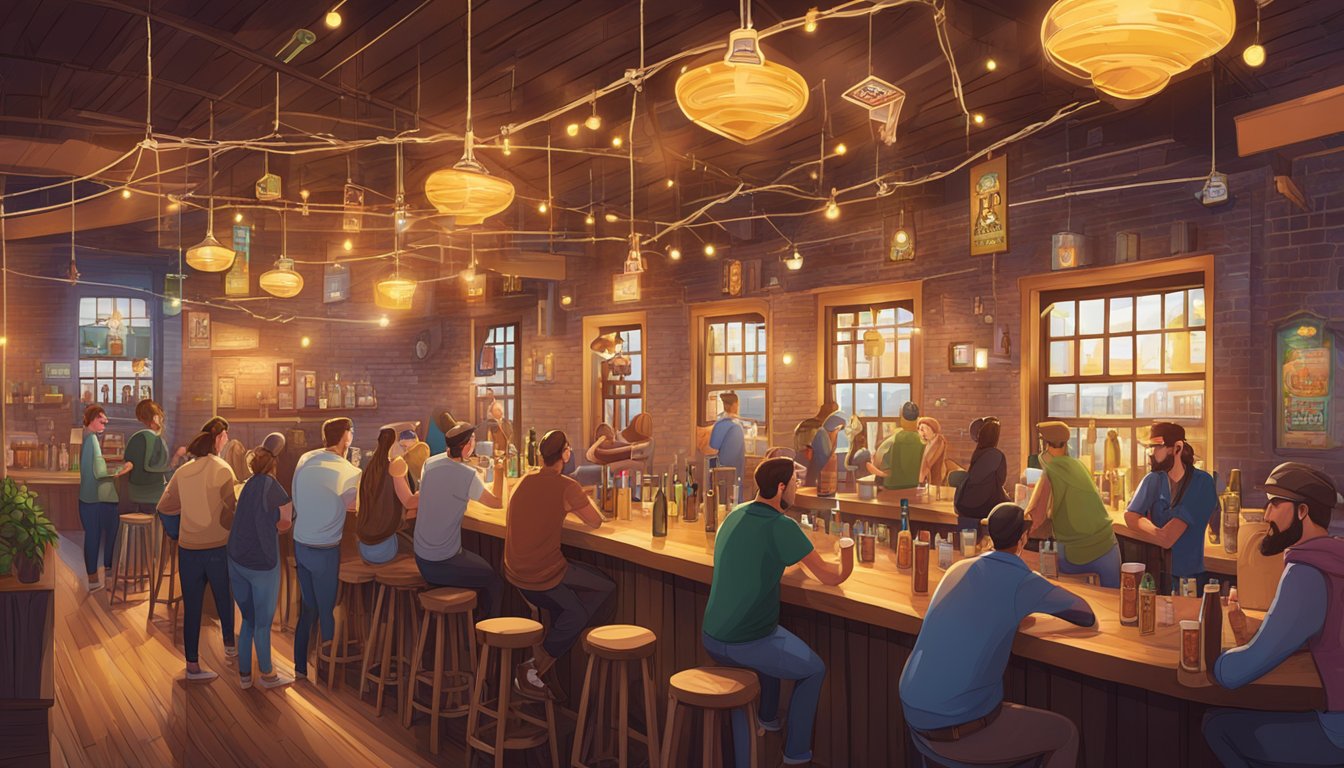 A bustling brewery scene with patrons enjoying craft beer flights and chatting at wooden tables under string lights. Brewery staff pour pints behind the bar while colorful beer taps line the wall