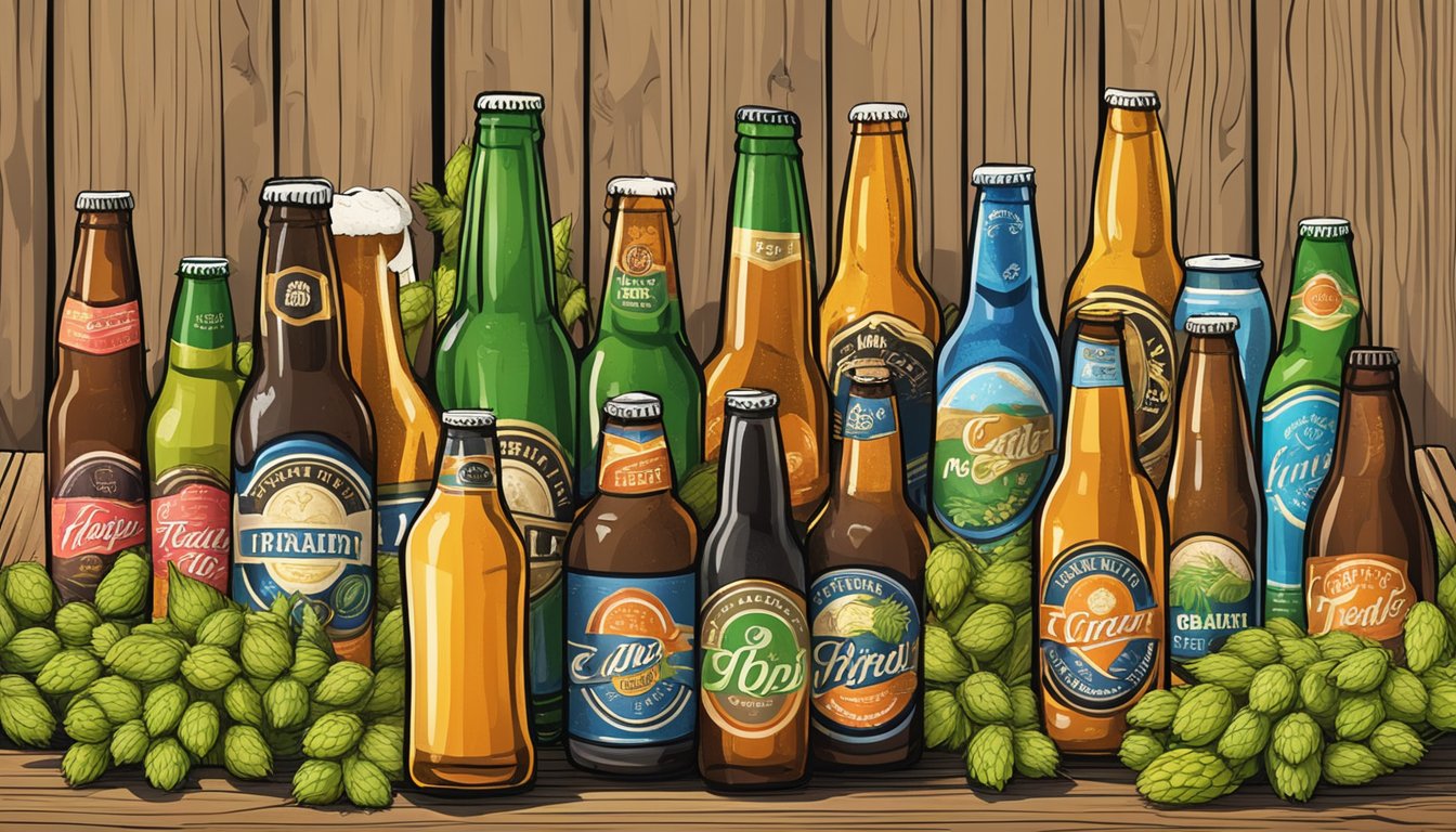 A colorful array of craft beer bottles and cans arranged on a rustic wooden table, with hops and barley scattered around