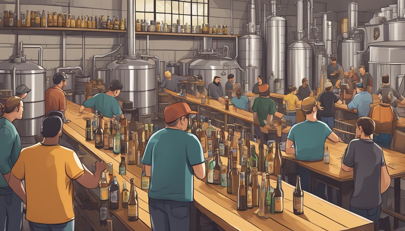 A bustling brewery scene with various craft beer labels on display, patrons enjoying tastings, and brewers hard at work creating unique brews