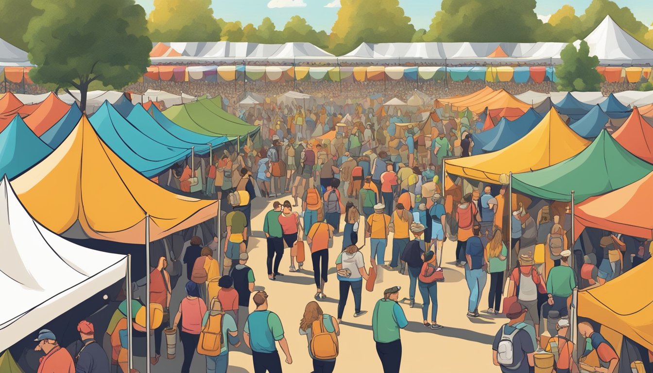 A bustling craft beer festival with rows of colorful tents, people sampling various beers, and live music filling the air