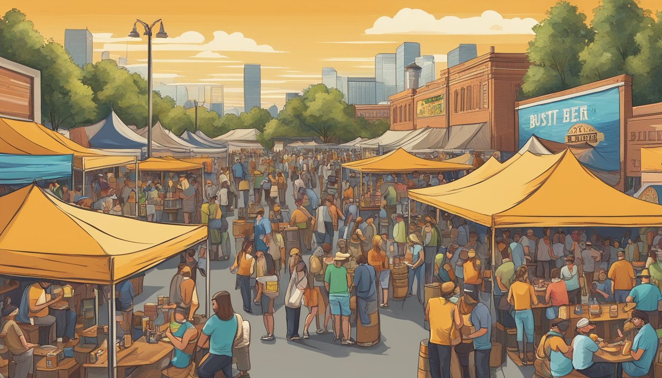 A bustling craft beer festival in Tulsa, OK showcases a diverse array of beer styles and offerings, with colorful booths and lively patrons