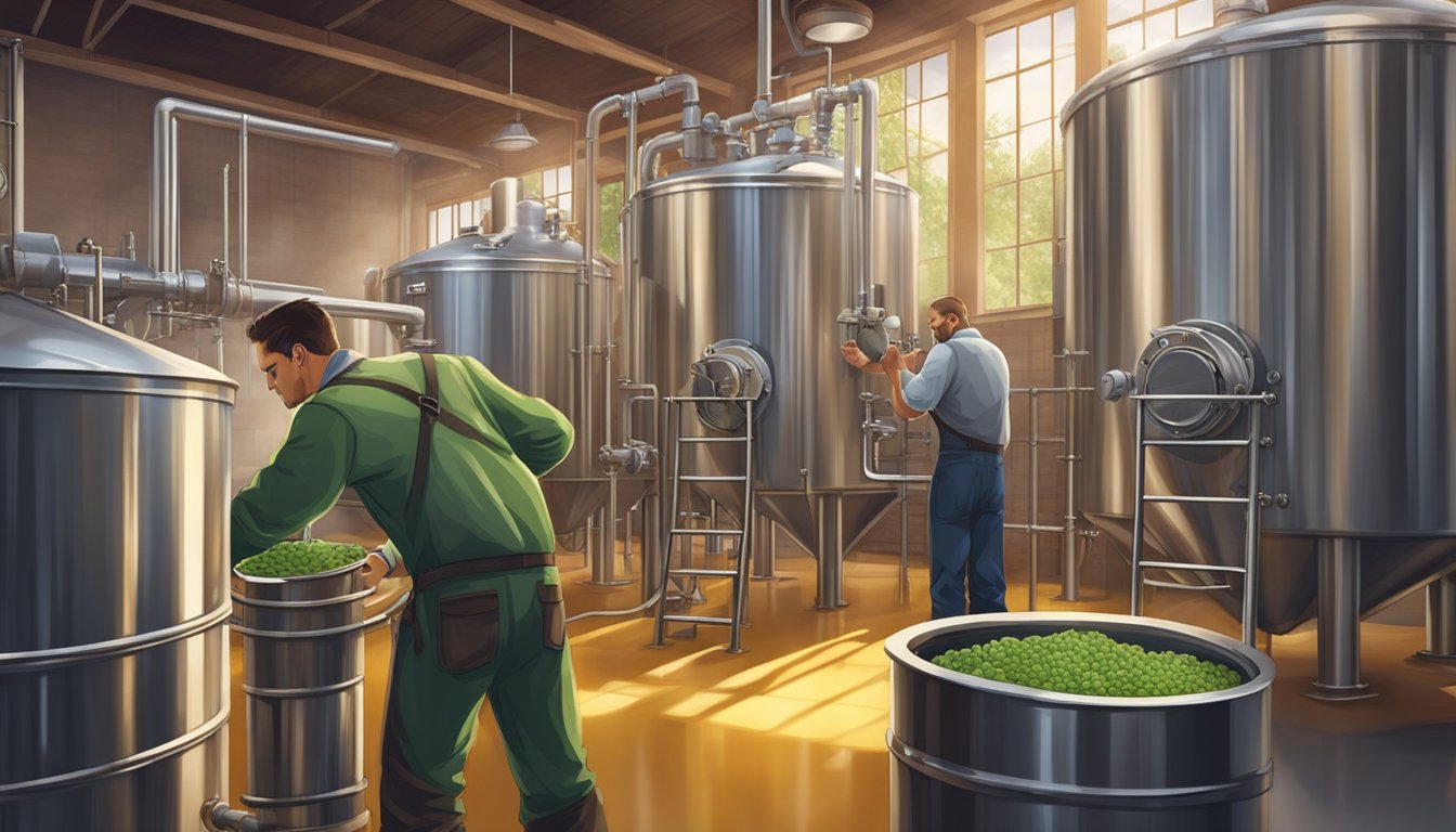 A brewery worker expertly pours hops into a large brewing tank, surrounded by stainless steel equipment and pipes. The room is filled with the rich aroma of brewing beer