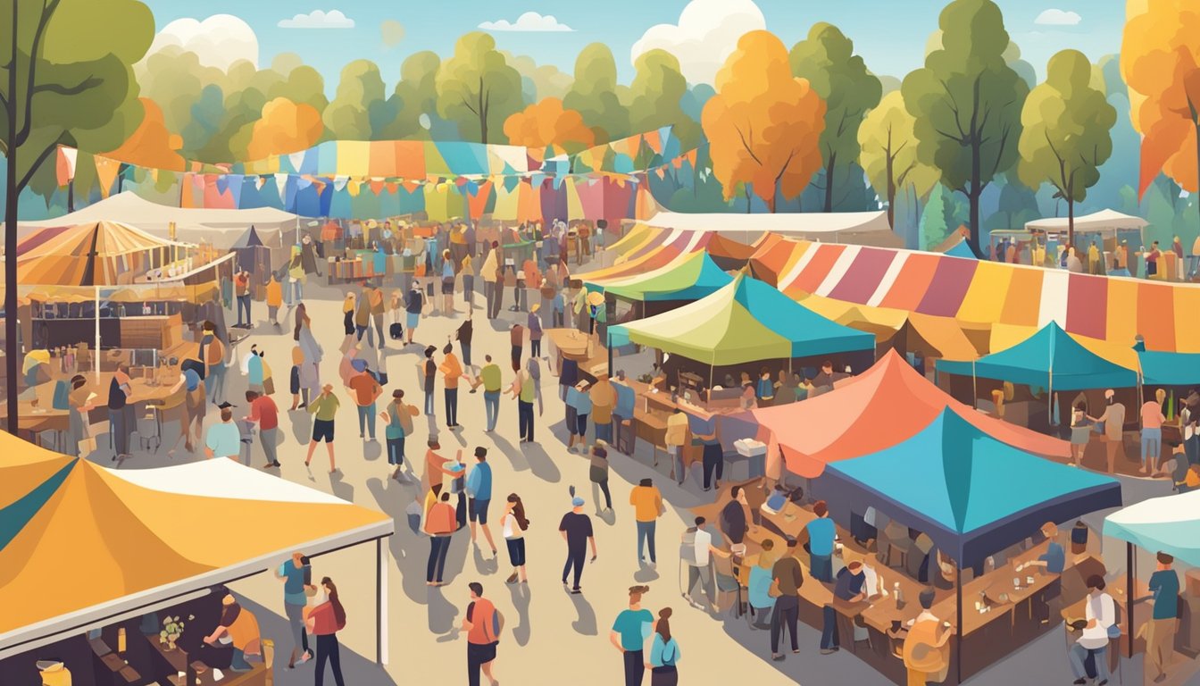 A bustling craft beer festival with people sampling and enjoying various local brews, surrounded by colorful banners and brewery tents