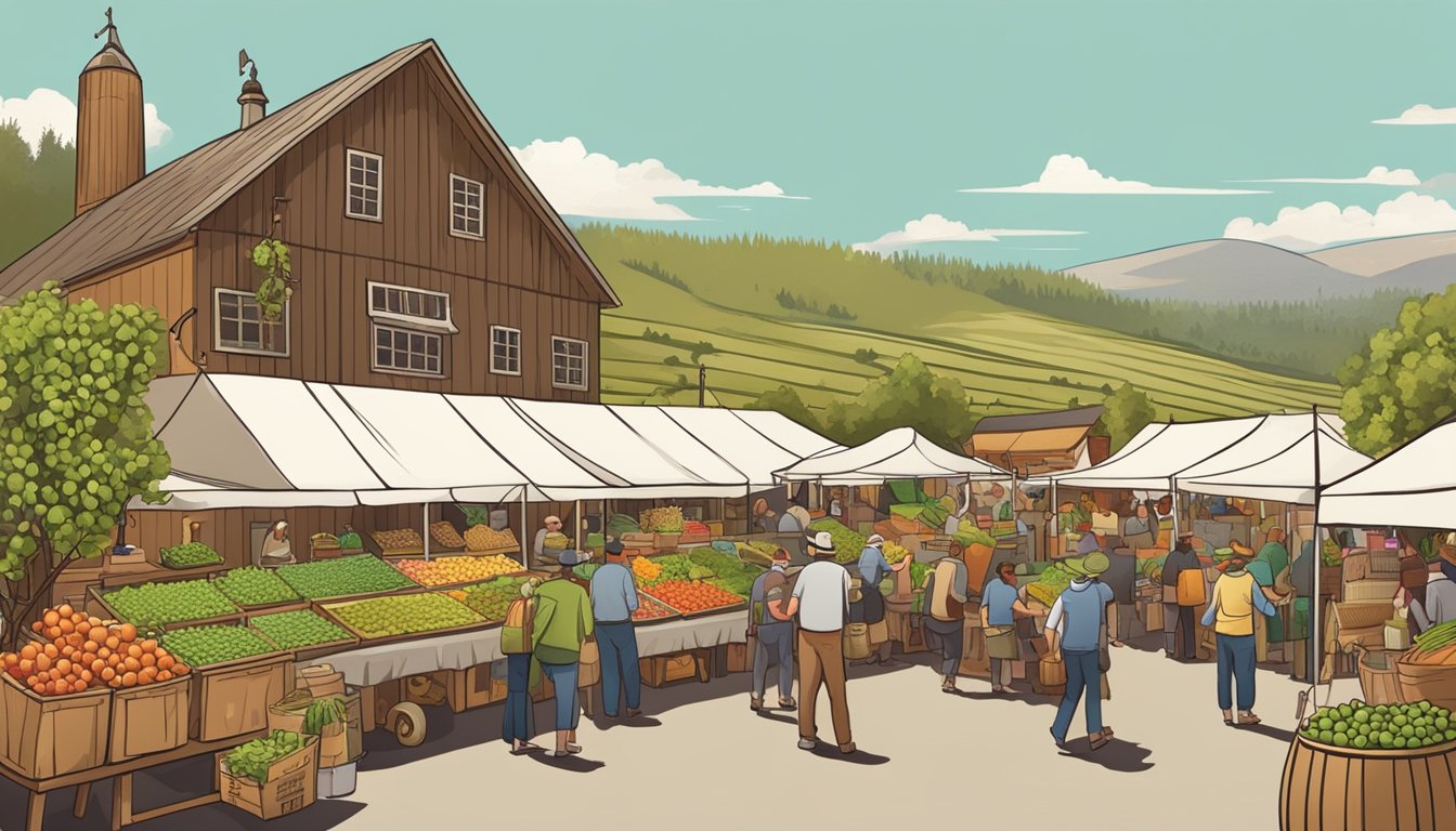 A bustling farmers' market with colorful produce and hops, surrounded by rolling hills and a rustic brewery