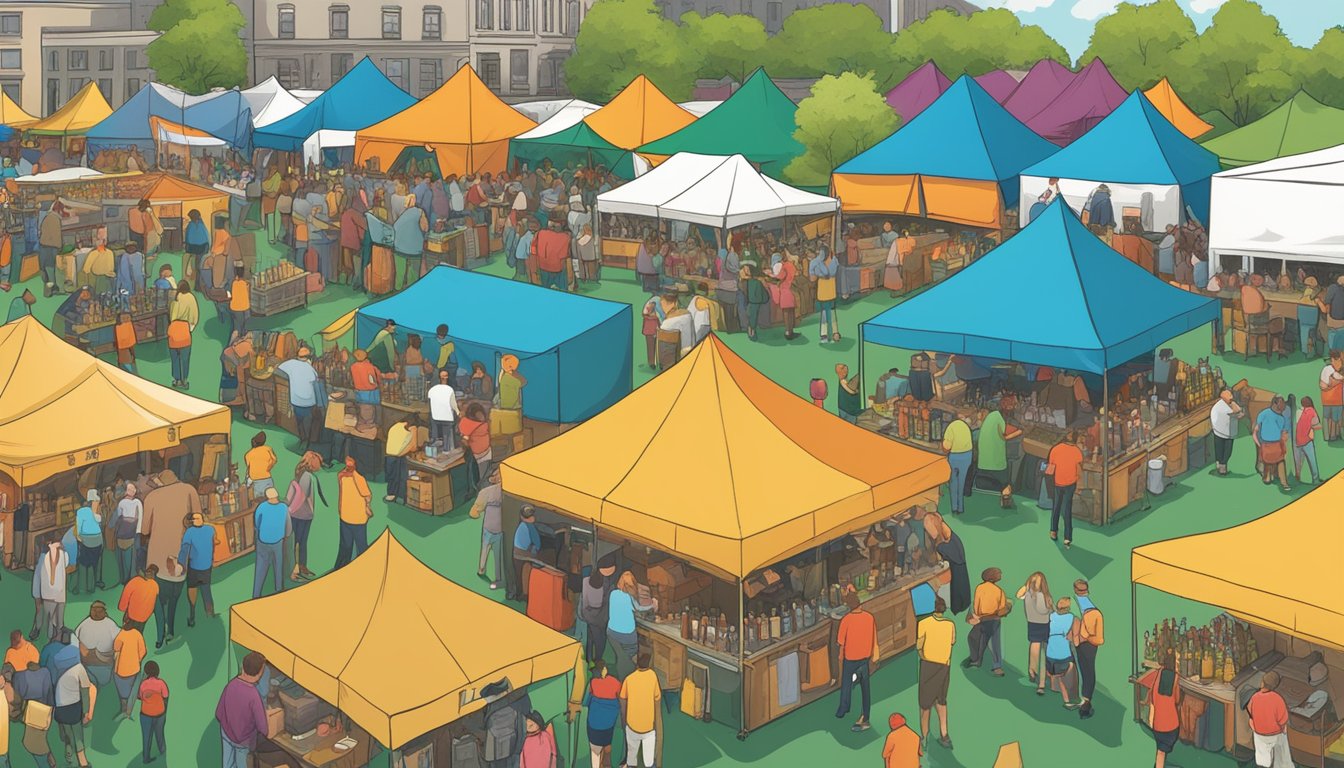 A bustling craft beer festival in Syracuse, NY, with rows of colorful tents and a lively crowd enjoying local brews