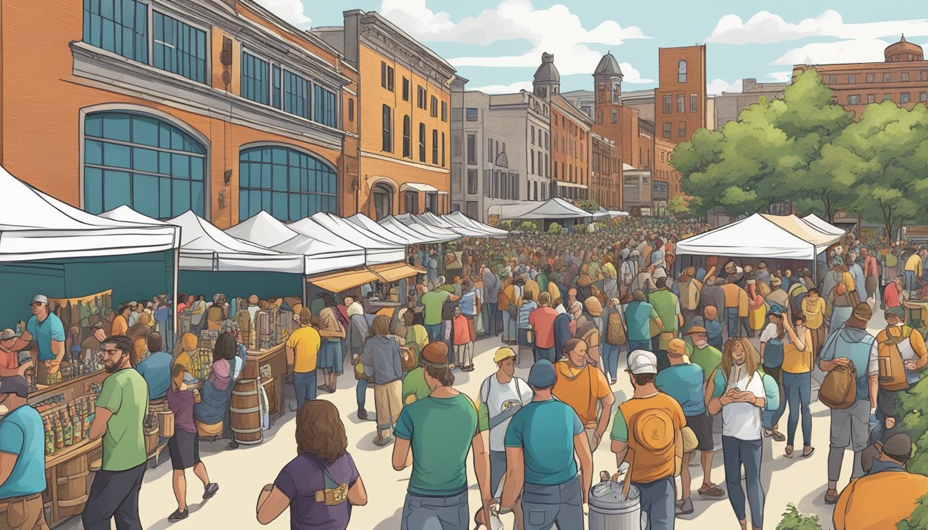 A bustling craft beer festival in Syracuse, NY, with diverse breweries and enthusiastic patrons sampling unique brews