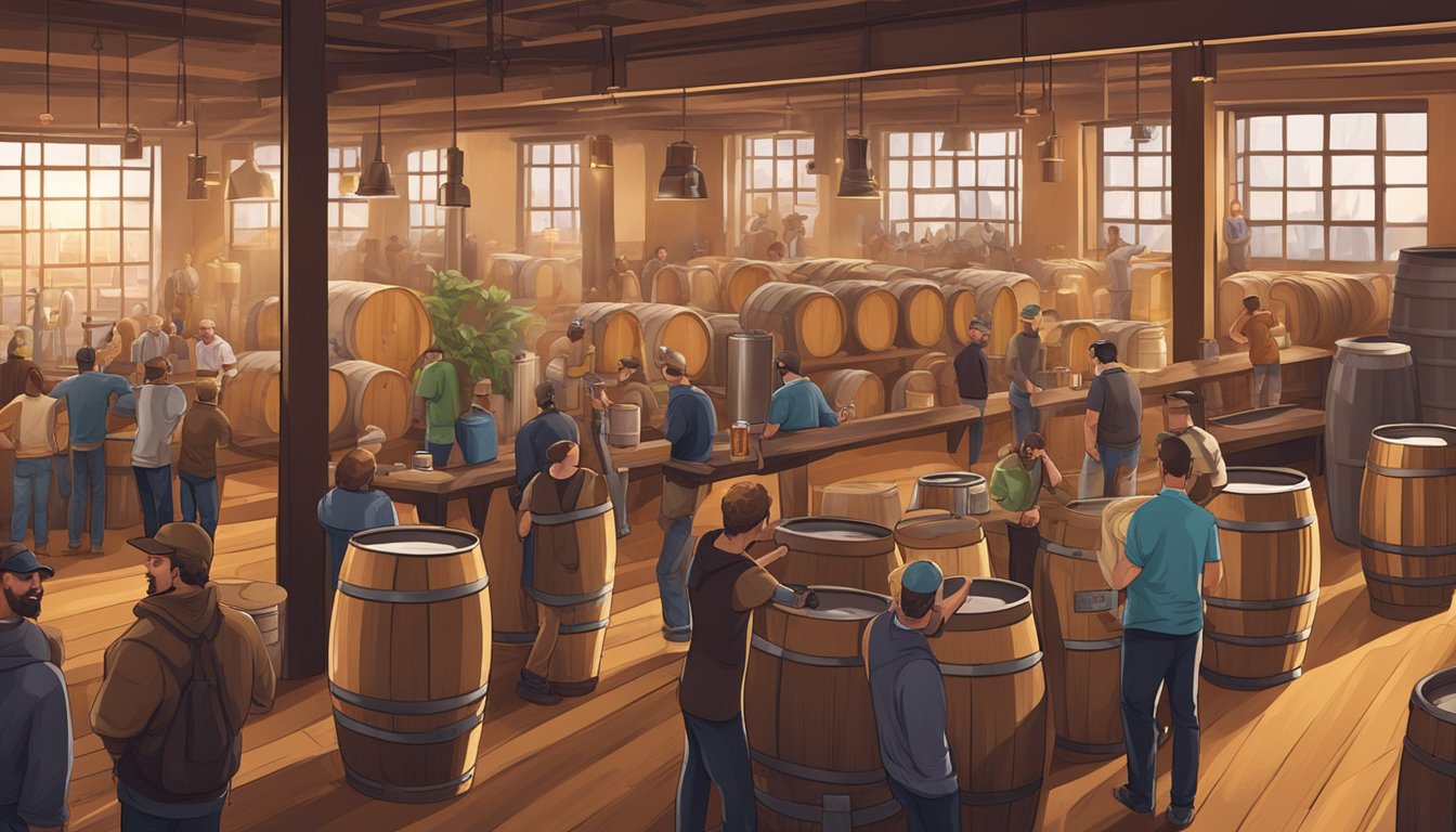 A bustling brewery scene with patrons enjoying locally brewed craft beer, surrounded by industrial beer vats and wooden barrels