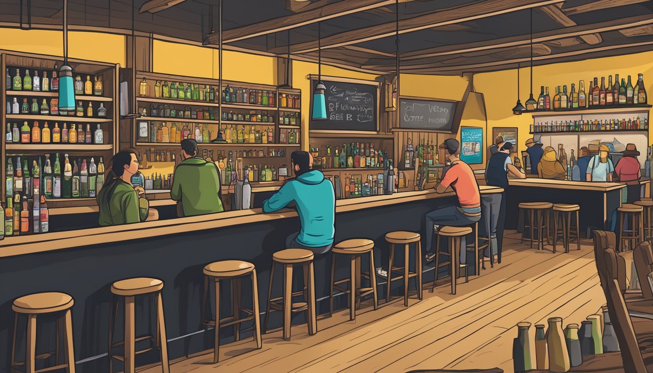 A bustling craft beer taproom with patrons enjoying flights of beer and chatting at the bar. Shelves lined with colorful bottles and a chalkboard menu display the variety of local brews available