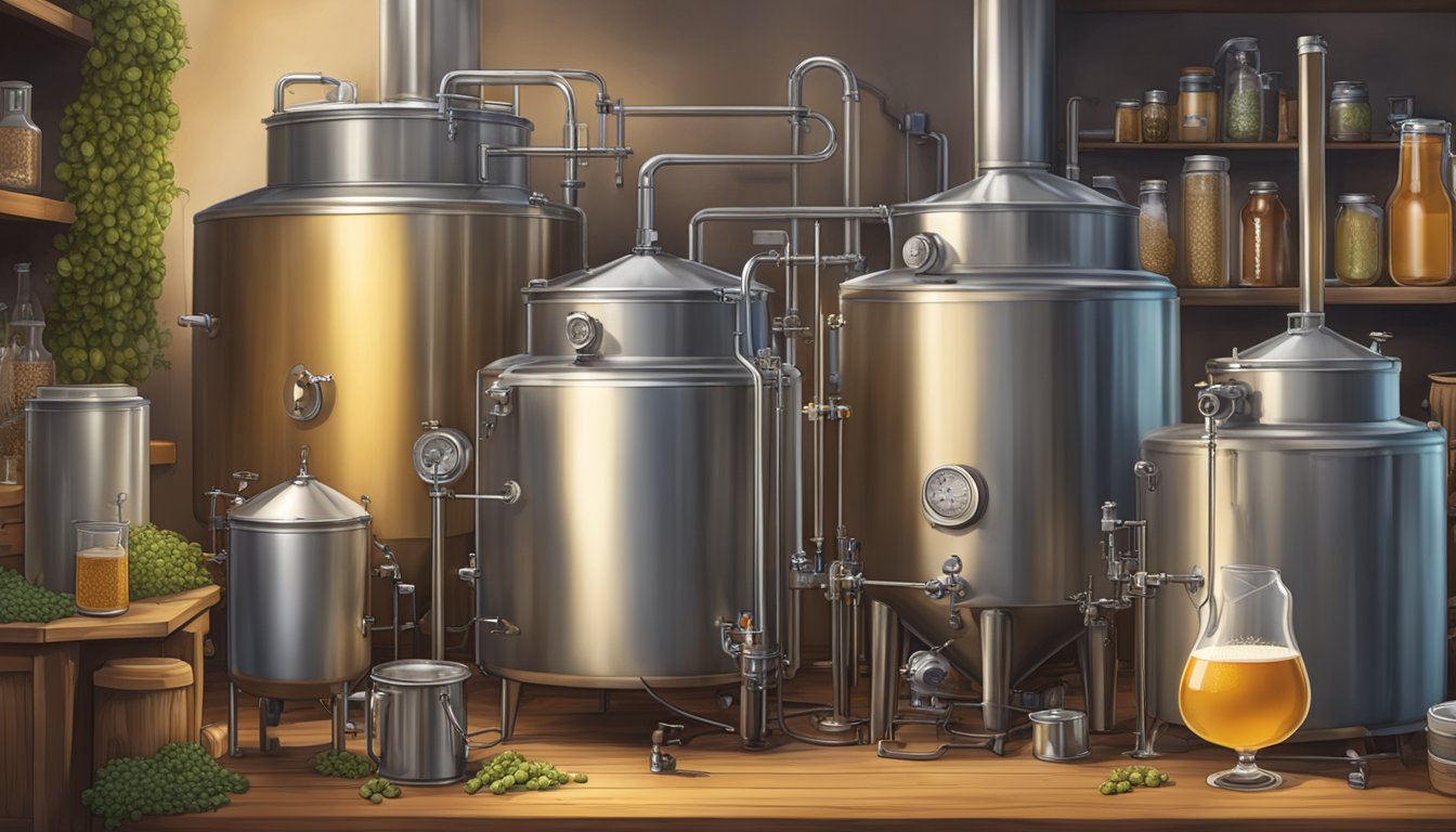 A cozy homebrewing scene in Gresham, Oregon, with a variety of brewing equipment, hops, barley, and fermenting vessels