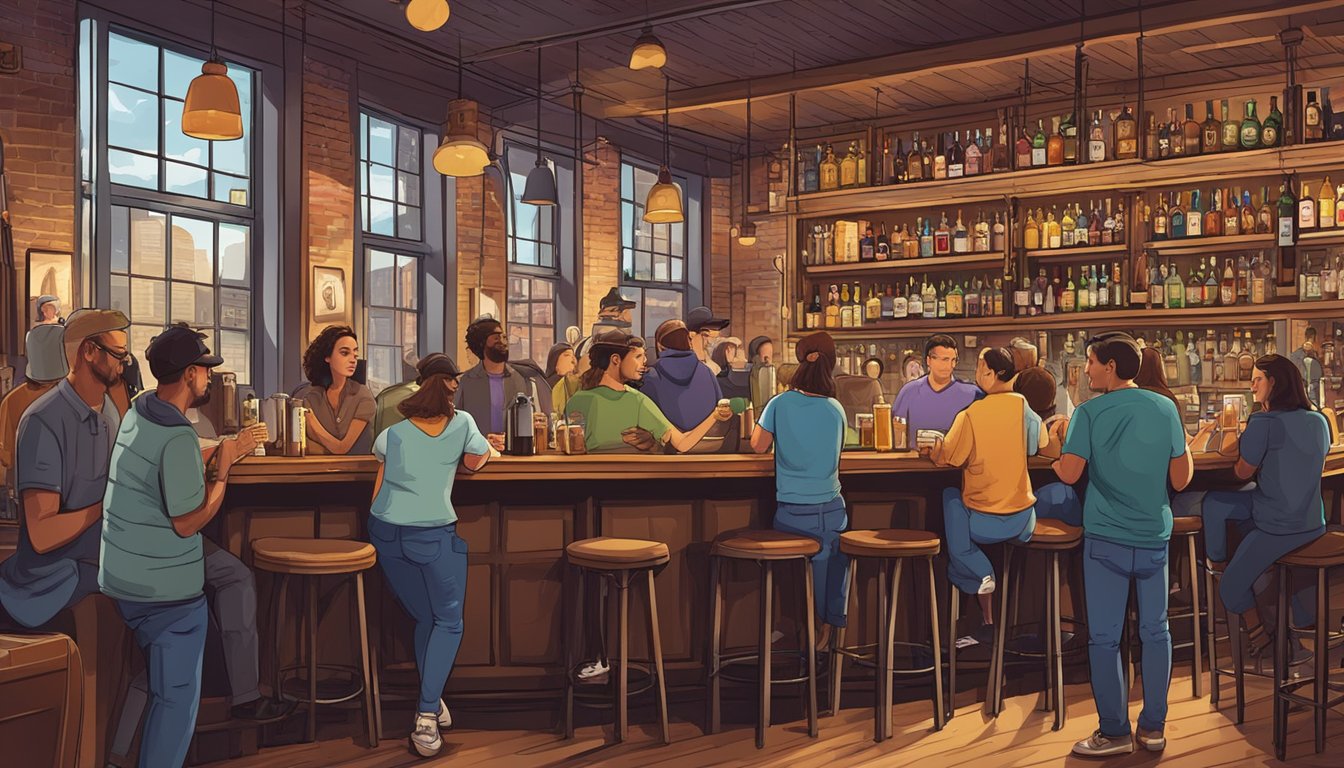 A bustling New York City bar with a wide variety of craft beer styles on tap, with people enjoying drinks and conversation