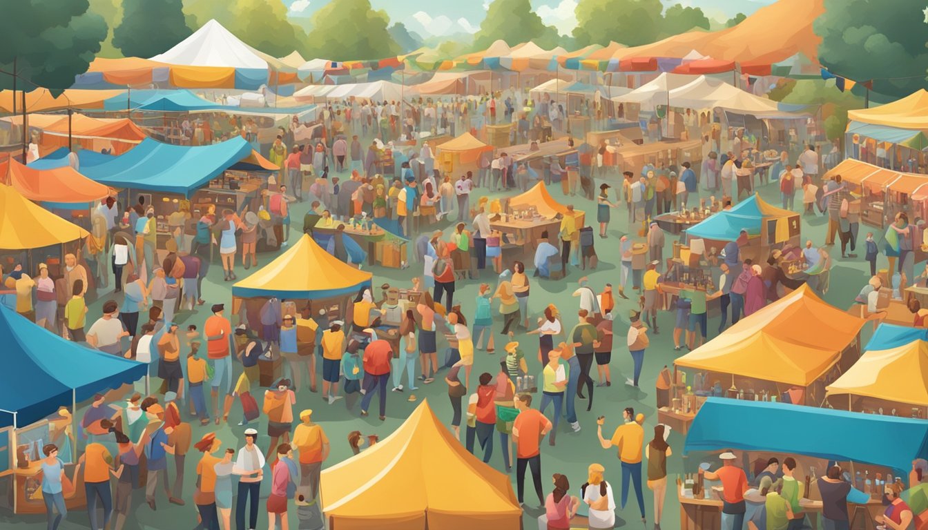 A bustling craft beer festival with colorful tents and a variety of beer vendors, surrounded by a lively crowd of beer enthusiasts enjoying the vibrant atmosphere