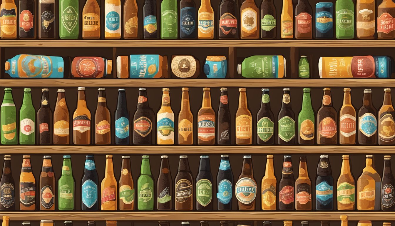 A row of colorful craft beer bottles and cans displayed on a wooden shelf, with various labels and designs representing different types of beer