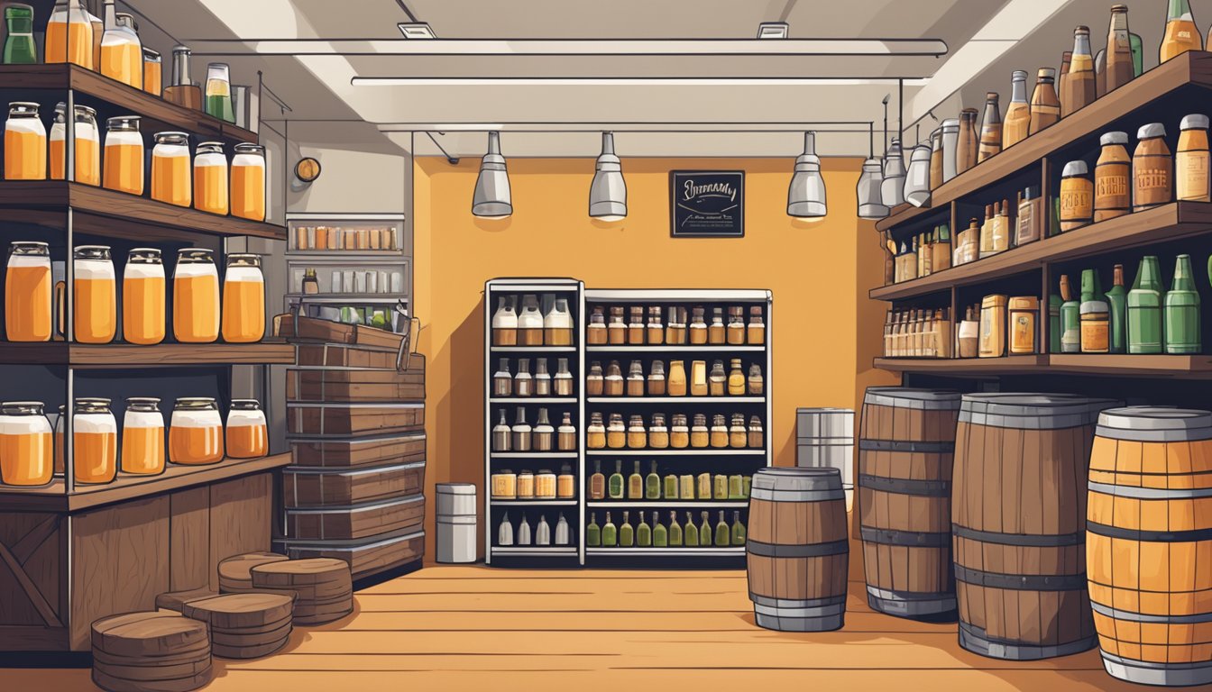 A cozy brewery with a variety of craft beer options displayed on shelves, alongside packaging and takeaway options for customers