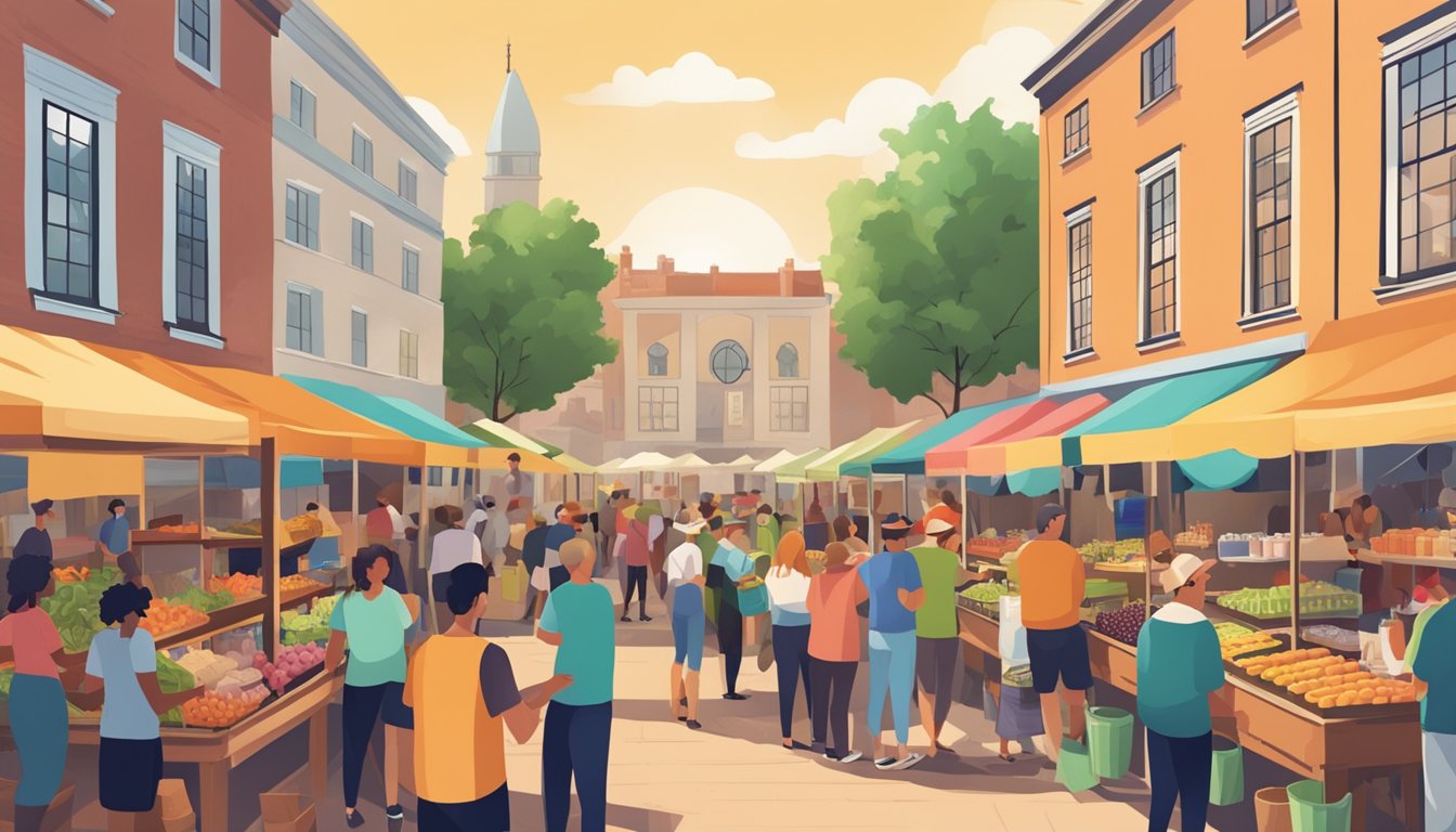 A bustling farmers' market with colorful stalls selling local craft beer, surrounded by lively music and happy customers