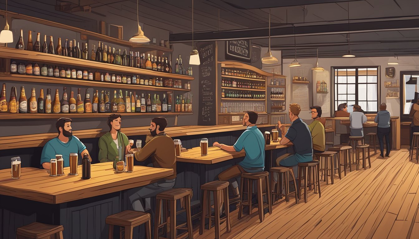 A cozy brewery with wooden tables, shelves lined with beer bottles, and a chalkboard menu. Patrons chat and sample beers in the warm, inviting atmosphere