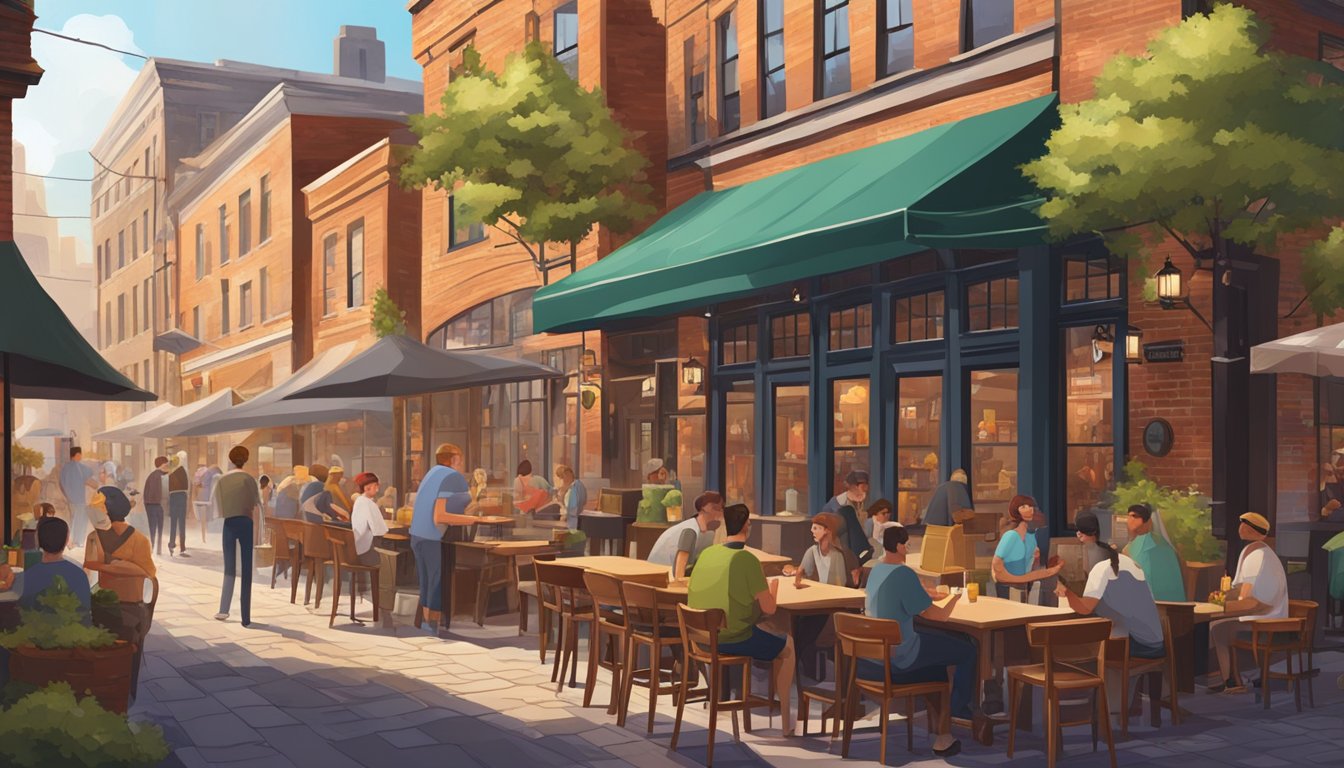 A bustling brewery district with colorful taprooms and outdoor seating, surrounded by old brick buildings and a lively atmosphere