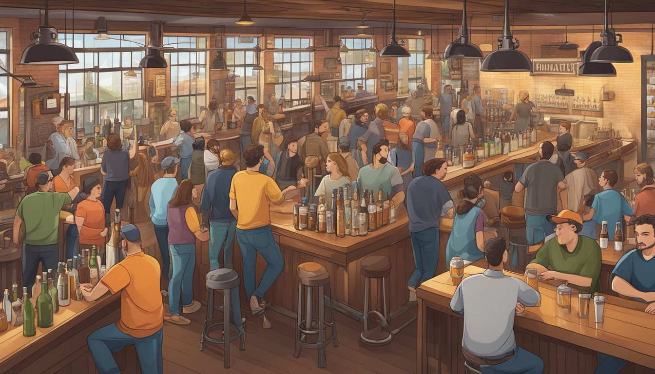 A bustling brewery with a variety of craft beer taps and a lively crowd enjoying the local brews